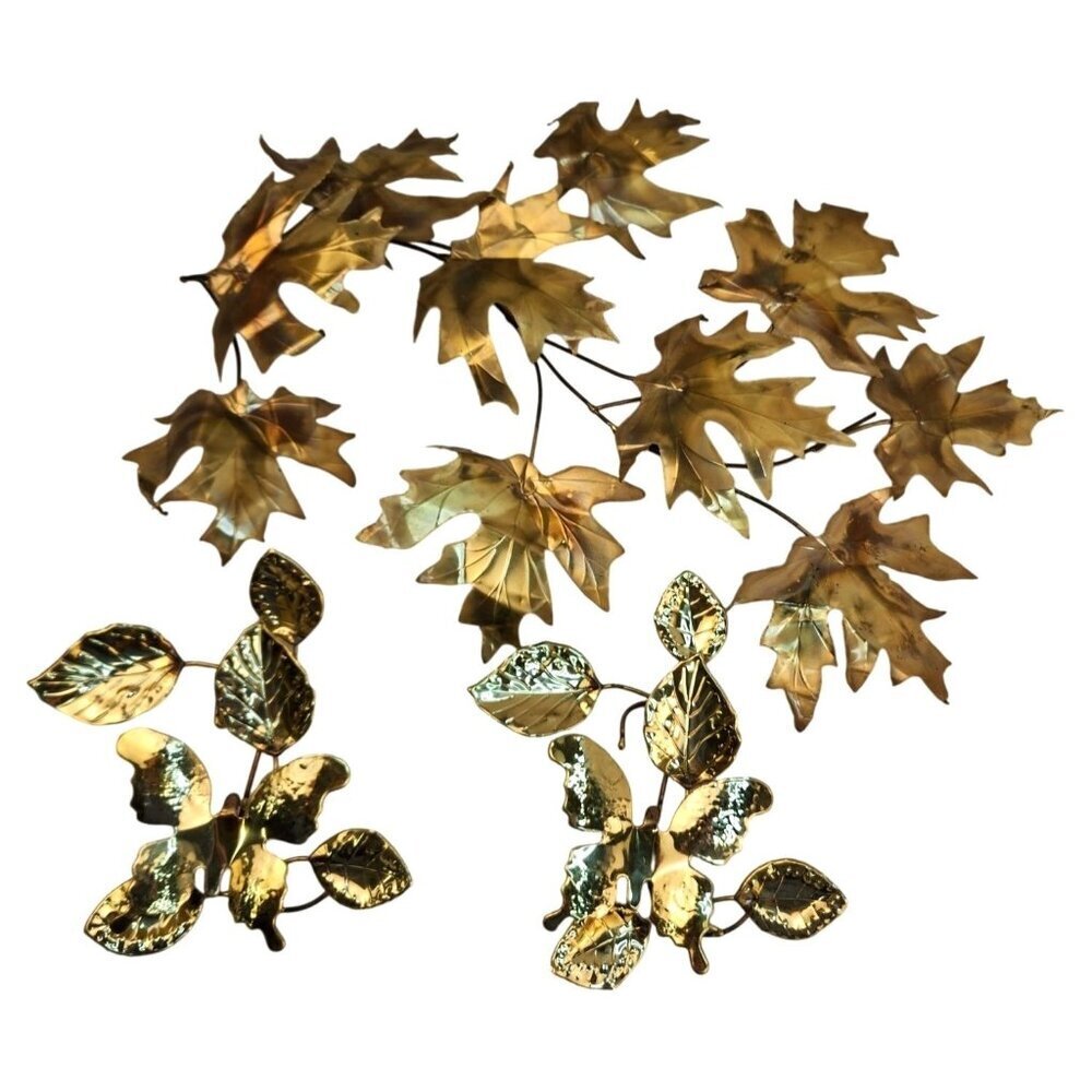 Vintage Retro Metal Gold Fall Towned Leaf and Butterfly Wall Art Decor Set of 3